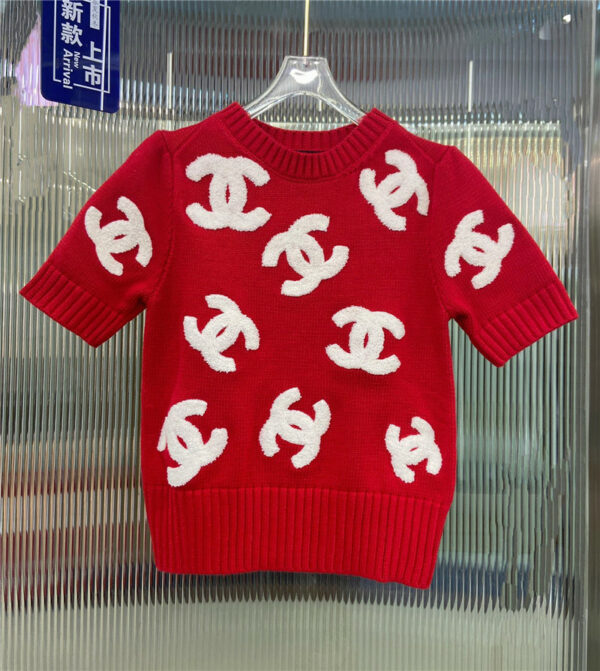 chanel color contrast knitted short sleeve sweater