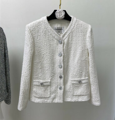 Chanel spring and summer V-neck tweed white coat