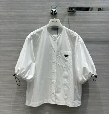 prada round neck design lantern sleeve white shirt