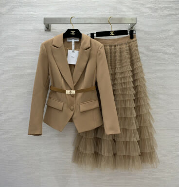 Dior suit jacket + layered cake mesh skirt skirt