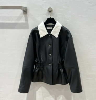 miumiu lapel waist leather jacket coat