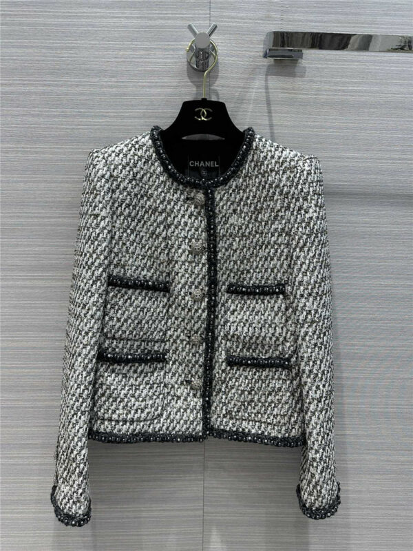 Chanel luxury black and gray pearl webbing jacket
