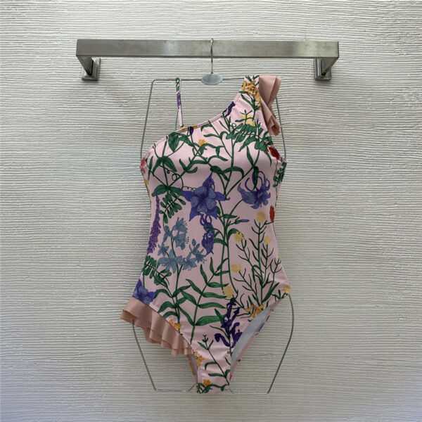 gucci irregular ruffled mosaic print one-piece swimsuit
