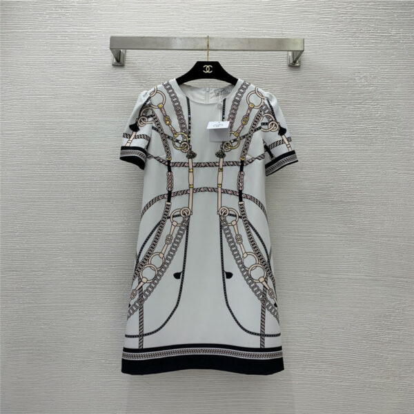 Hermès Chain Belt Print Round Neck Short Sleeve Dress