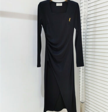 YSL Square Neck Padded Shoulder Pleated Dress