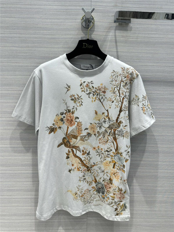 Dior Ink Birds and Flowers Printed T-shirt