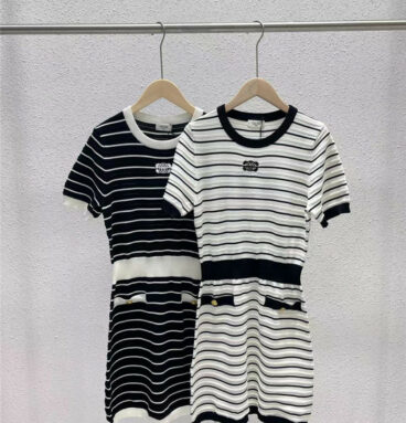 celine retro striped color contrast pocket knitted dress