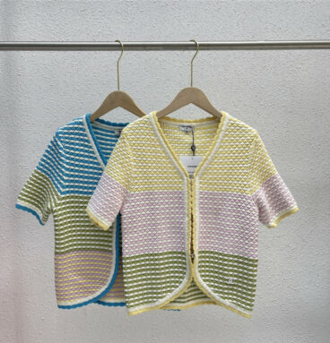 Chanel macaron color stripe contrast color knitted cardigan