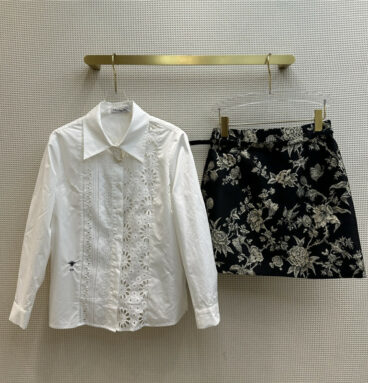Dior elegant girl hollow long-sleeved shirt + skirt