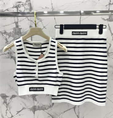 miumiu black and white striped logo vest + skirt suit