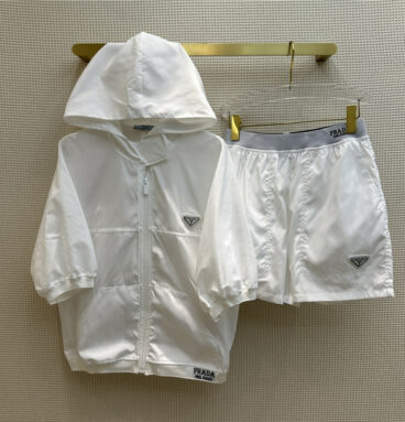 prada hooded jacket + elastic waist shorts
