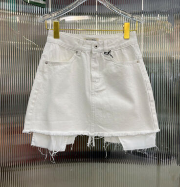 miumiu white denim leak pocket fringe miniskirt