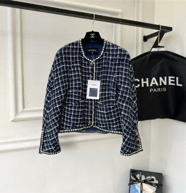 chanel blue and white plaid woven coat
