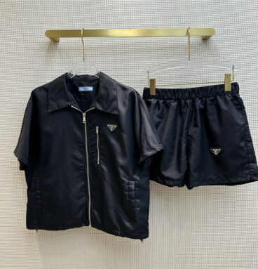 Prada Lapel Short Sleeve Zipper ➕ Elastic Waist Shorts