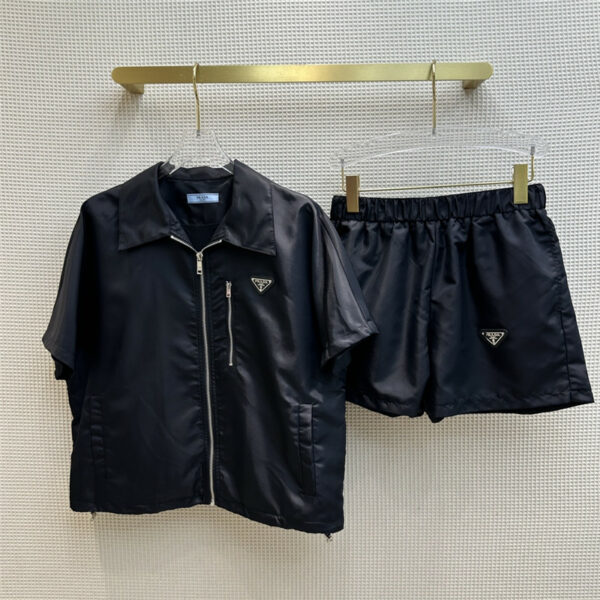 Prada Lapel Short Sleeve Zipper ➕ Elastic Waist Shorts