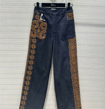 dior embroidered denim straight-leg trousers