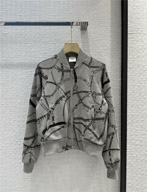 Hermès Premium Gray Chain Print Baseball Jacket