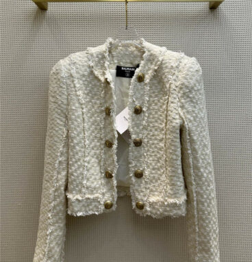 Balmain frayed wool-blend tweed coat
