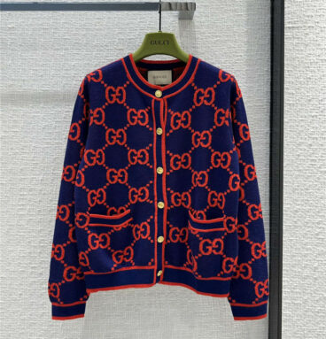 gucci classic red and blue color GG intarsia knitted cardigan