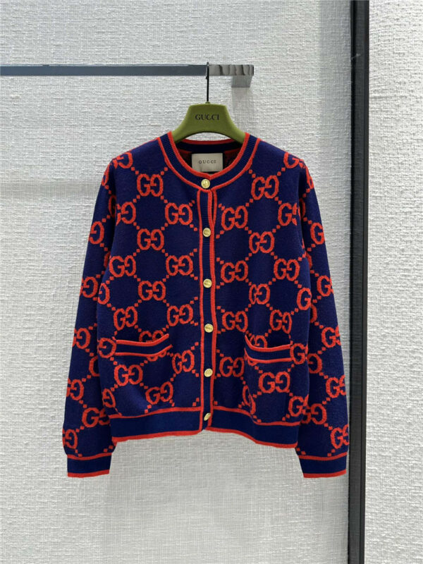 gucci classic red and blue color GG intarsia knitted cardigan