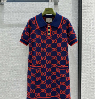 gucci classic red and blue color GG intarsia knitted dress