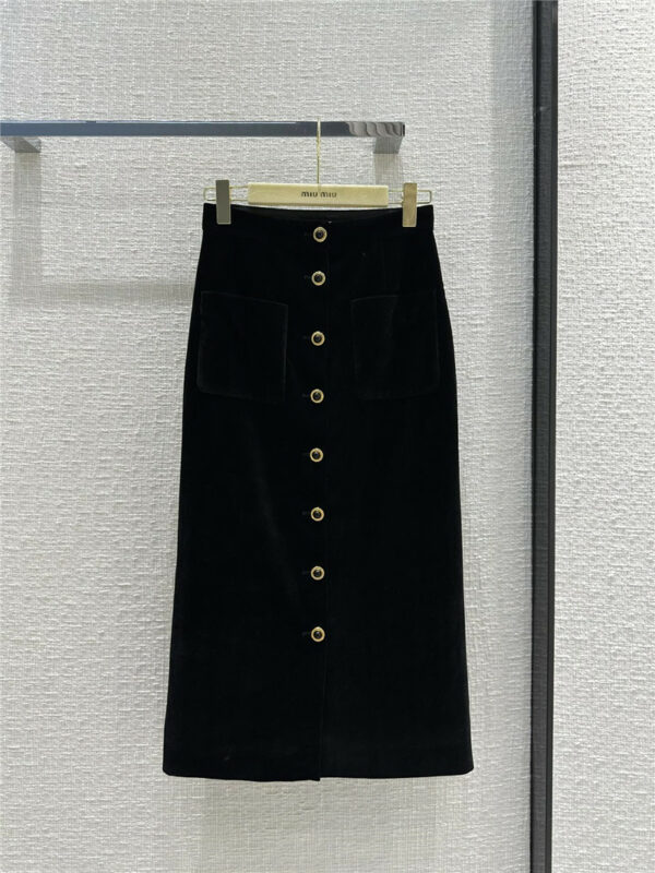 miumiu black gold buckle velvet long skirt