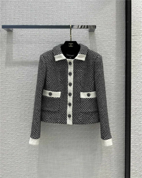 chanel black and white grid woven wool coat