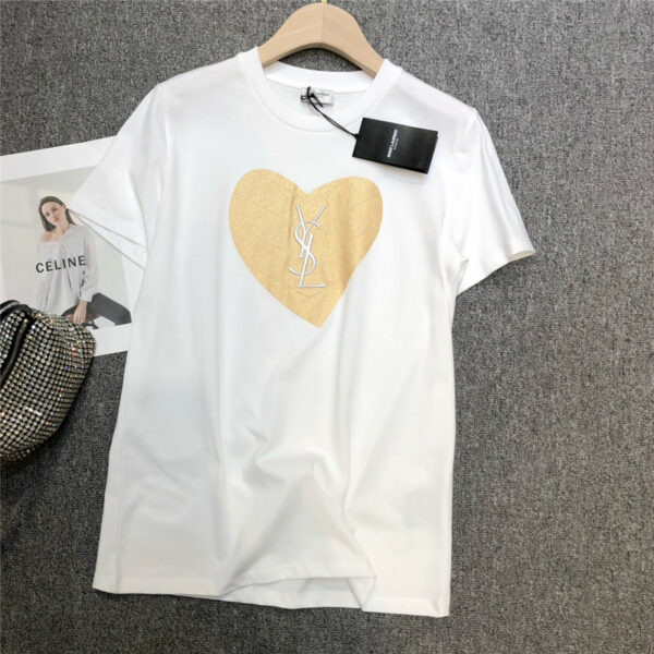 YSL Embossed Gold Heart Embroidered Letter T-Shirt