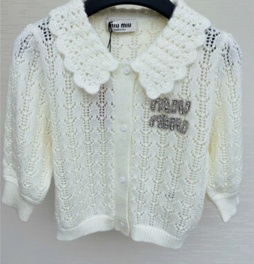 miumiu doll collar beaded half-sleeved sweater