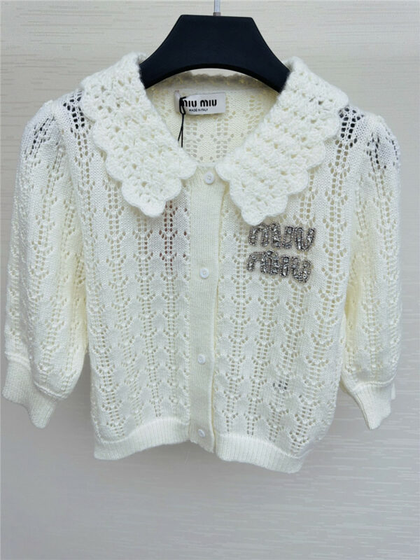 miumiu doll collar beaded half-sleeved sweater