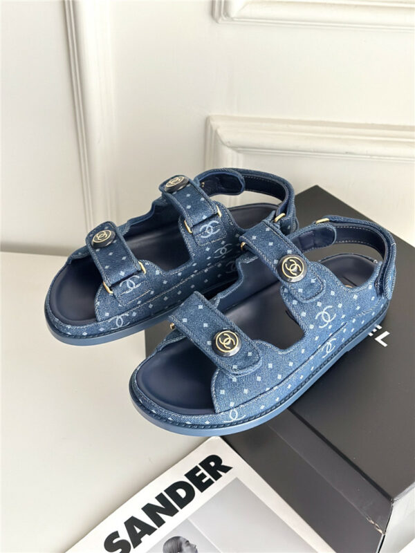 Chanel polka dot denim Velcro sandals