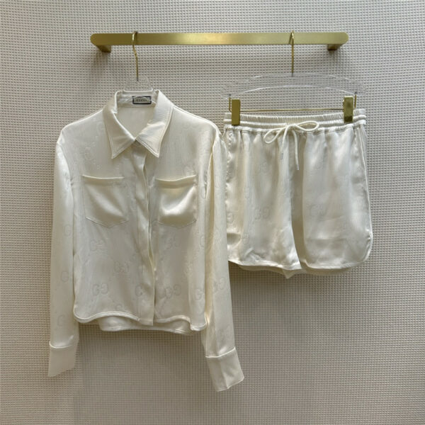 gucci lapel logo pajama shirt + elastic waist shorts set