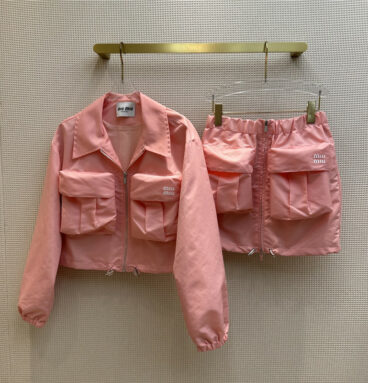 miumiu Lapel Double Pocket Jacket + Elastic Waist Skirt Set