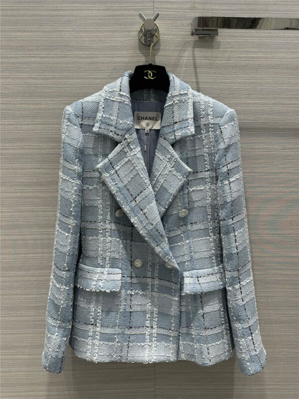 Chanel fresh blue plaid tweed suit long coat