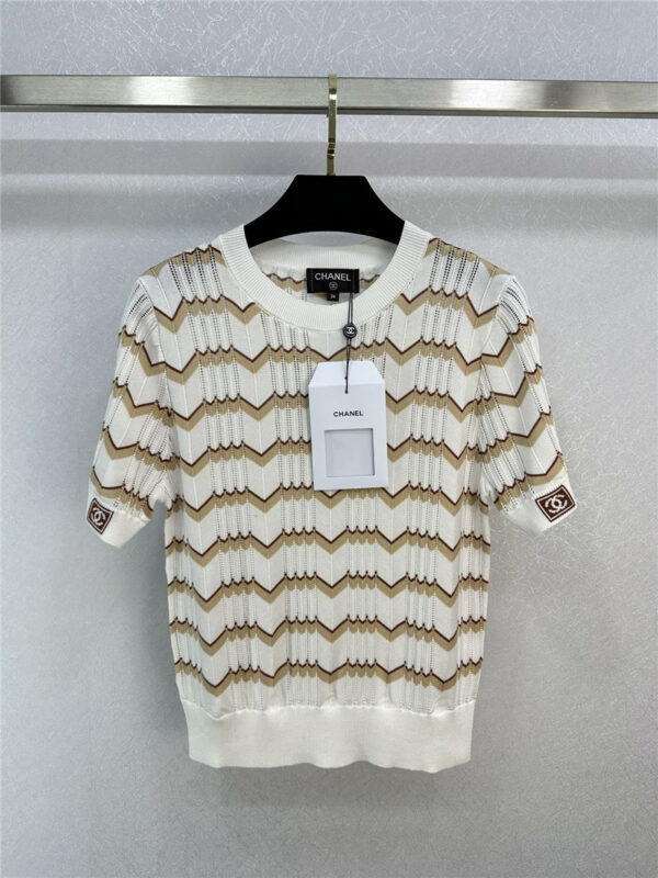 Chanel striped logo knitted short-sleeved top