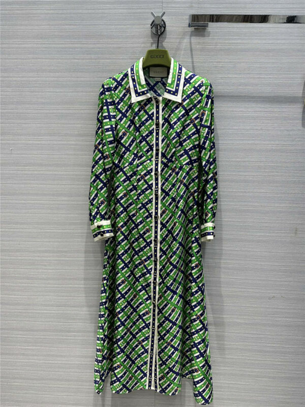 gucci green belt printed silk dress