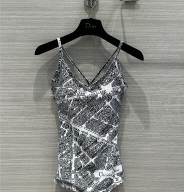 Dior Paris map print camisole one-piece swimsuit