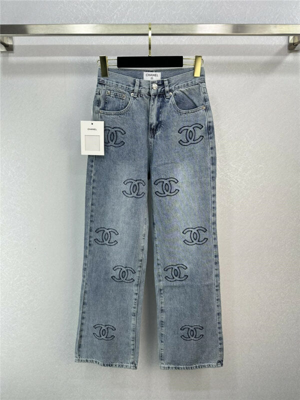 Chanel embroidered CC logo high waist wide leg jeans