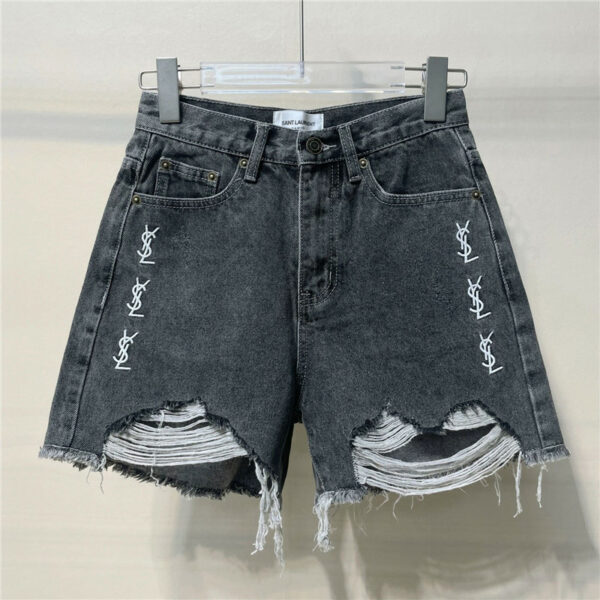 ysl ripped embroidered denim shorts