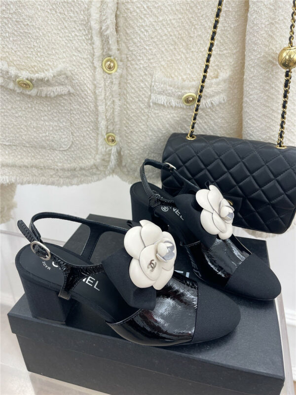 Chanel camellia bow chunky heel sandals