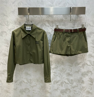 miumiu embroidered logo lapel shirt + belt shorts set