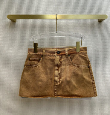 miumiu earth tone bronzed distressed denim shorts