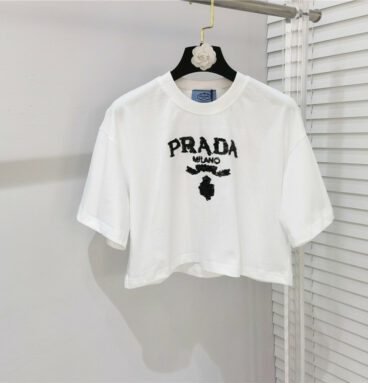 prada sequin logo high waist cropped t-shirt