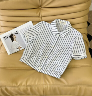 celine striped embroidered logo cropped shirt