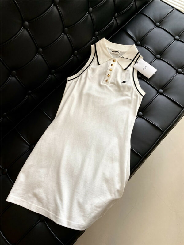celine sleeveless dress with lapel collar and metal buttons