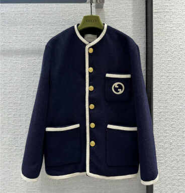 gucci embroidered gold buckle blue tweed jacket