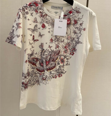 Dior new red and white rose butterfly print short sleeves