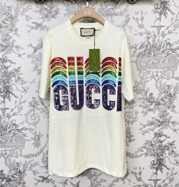 gucci rainbow sequin logo t-shirt
