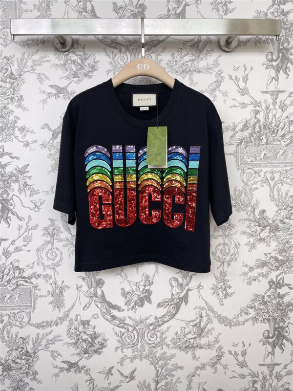 gucci rainbow sequin logo t-shirt