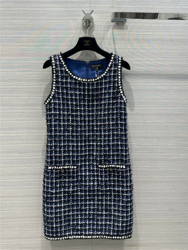 Chanel blue and white plaid tweed dress